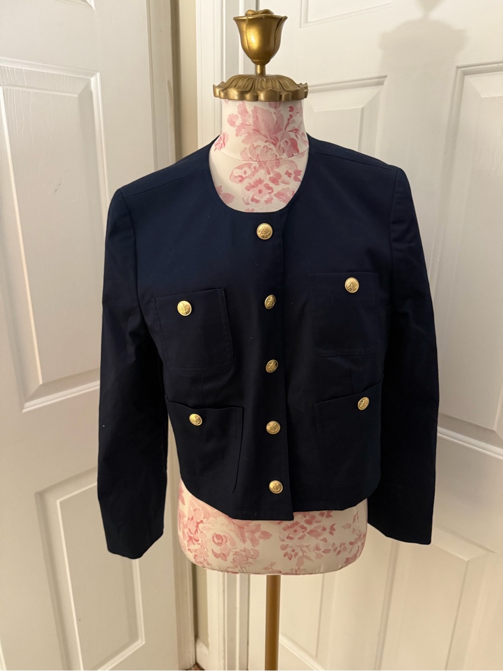 J. Crew Navy Cropped Blazer with Gold Buttons